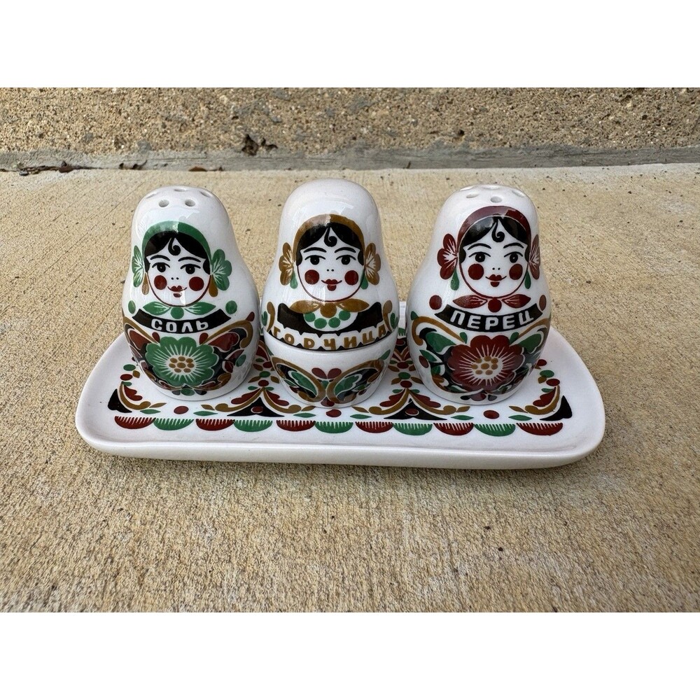 Vintage 70s USSR Russian Dmitrov Verbilki Nested Doll Salt Mustard Pepper + Tray